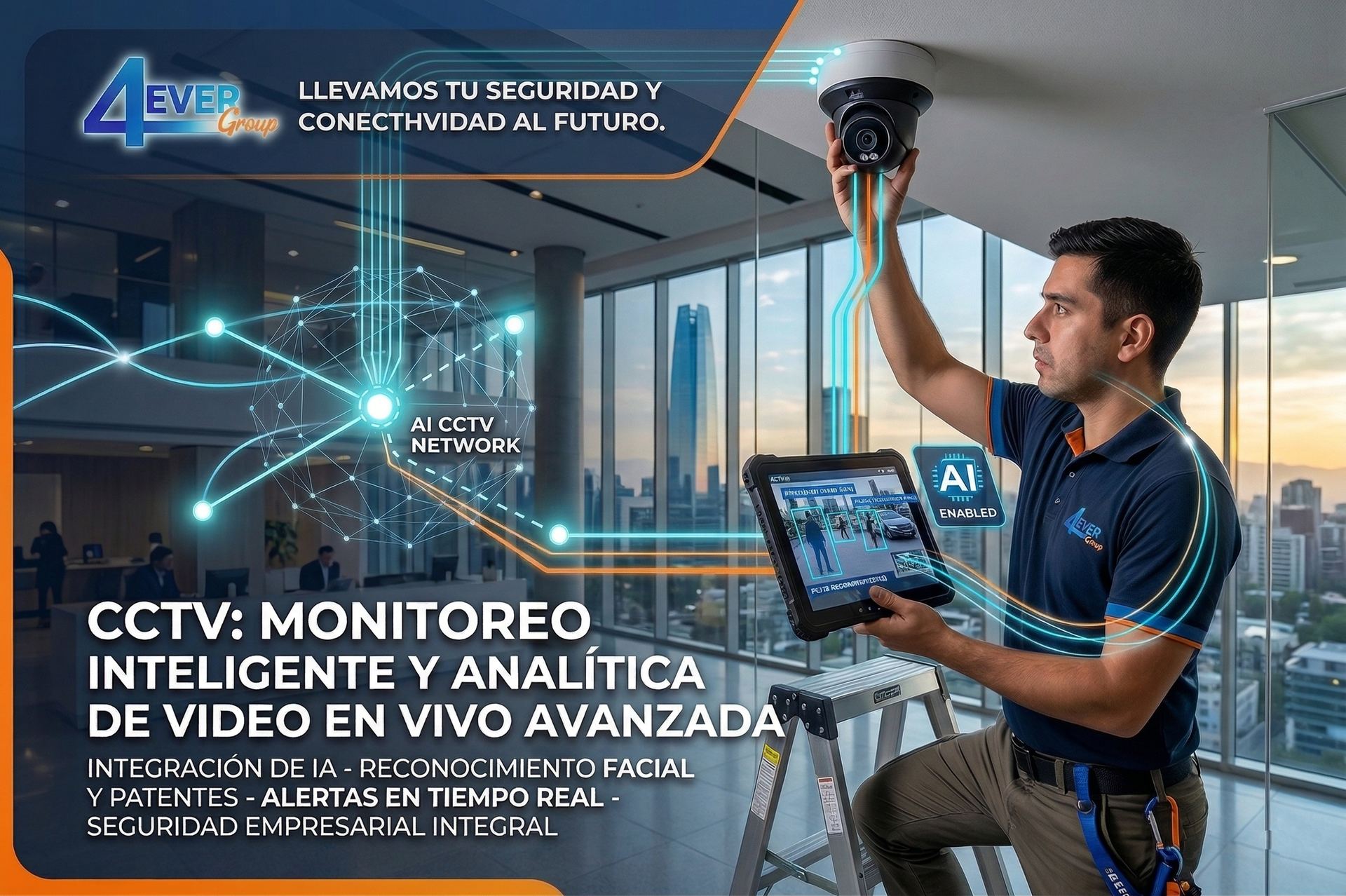 Técnico de 4ever Group instalando cámara CCTV con inteligencia artificial y reconocimiento facial en edificio corporativo